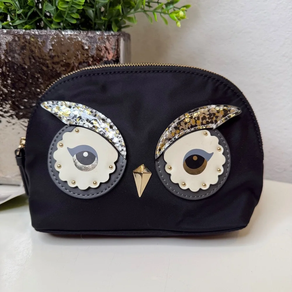 Kate Spade Cosmetic Bag Womens Black Owl Star Bright Nylon Novelty Small New
